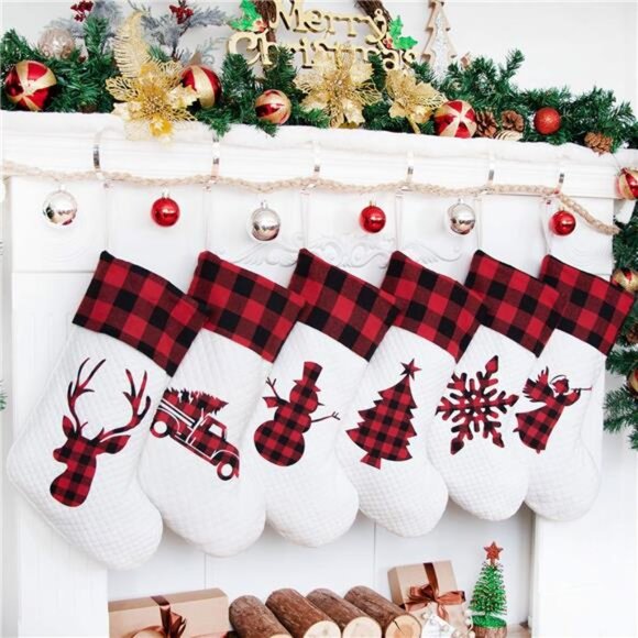 Set of 6 ChristmasStocking(20inch) Silhouette Buffalo Red Plaid/Rustic/Farmhouse - Picture 1 of 7